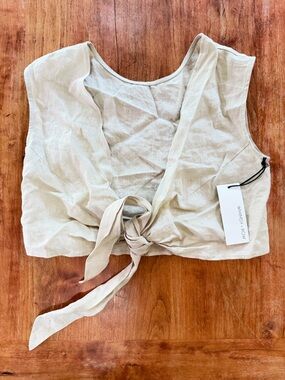 Whimsy + Row Beige Tie-Front Linen Crop Top